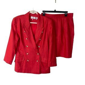 Pia Rucci Womens Linen Skirt Suit Size 10 Vintage Red Double Breasted Pockets
